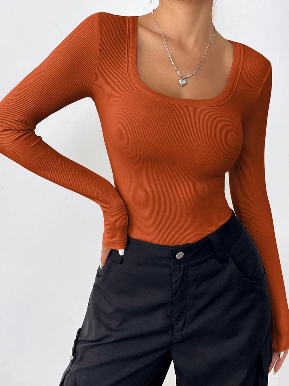 New Scoop Neck Ribbed Long Sleeve Top - Rust
